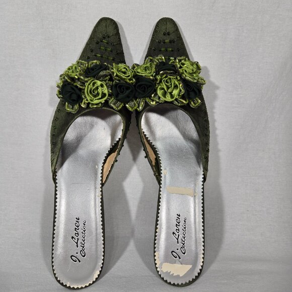 Vintage Y2K Hipster Fairy Hunter Green Floral Beaded Pointed Toe Mules Size 11M. - Picture 11 of 17